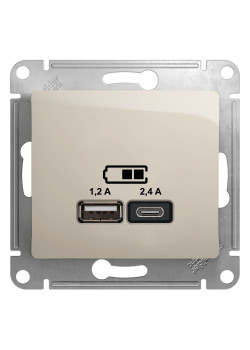 GLOSSA USB РОЗЕТКА А+С, 5В/2,4А, 2х5В/1,2А, механизм, МОЛОЧНЫЙ
