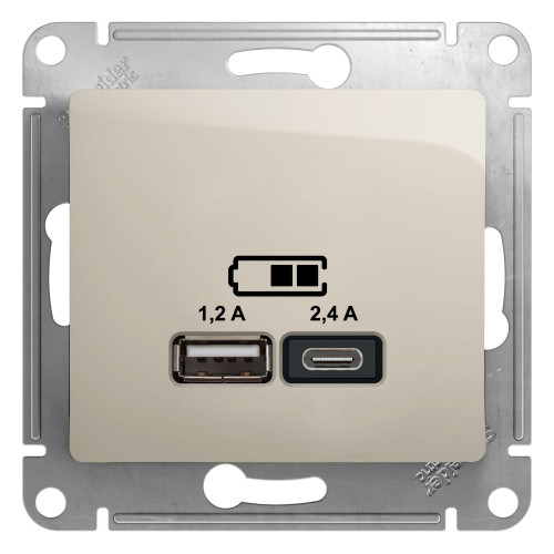 GLOSSA USB РОЗЕТКА А+С, 5В/2,4А, 2х5В/1,2А, механизм, МОЛОЧНЫЙ