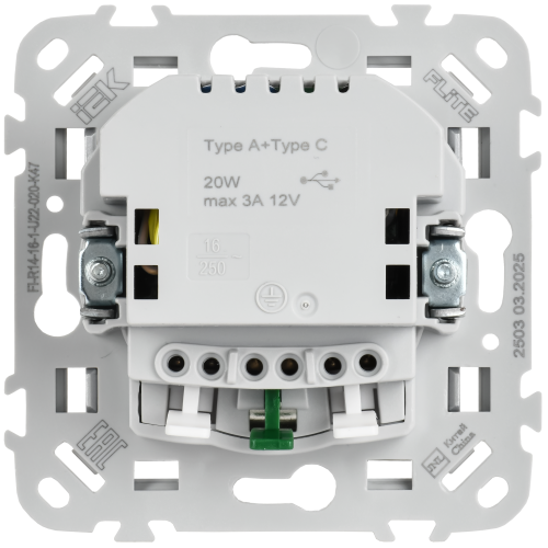 FLITE Розетка 1-местная с заземлением с защитными шторками 16А с USB A+C 20Вт безвинтовое крепление РСЮшс11-1-ФлА алюминий IEK