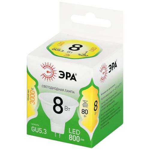 Лампа светодиодная GREEN LINE MR16-8W-830-GU5.3 GL 8Вт софит 3000К свет тепл. GU5.3 Эра Б0067082 Лампа светодиодная GREEN LINE MR16-8W-830-GU5.3 GL 8Вт софит 3000К свет тепл. GU5.3 Эра Б0067082