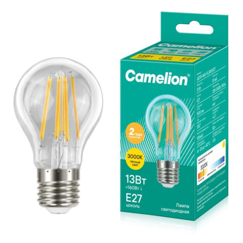 Лампа светодиодная филаментная LED13-A60-FL/830/E27 12Вт 220В Camelion 13716