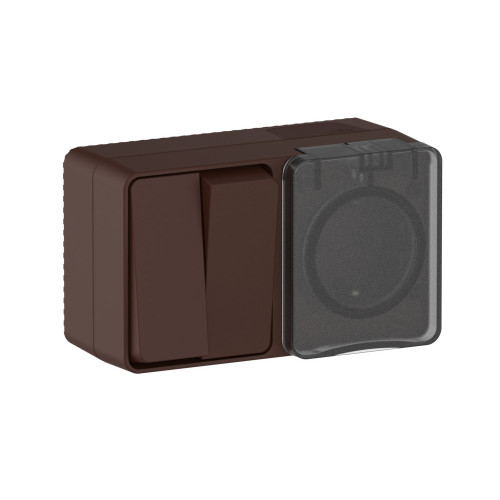 ATLASDESIGN PROFI IP54 О/У БЛОК: РОЗЕТКА с заземл. со шт., 16А, ВЫКЛЮЧАТЕЛЬ 2-клав., 10АХ, КОРИЧНЕВЫ