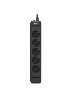 Сетевой фильтр AGNI плоский TP-FS5E-5m-black, 5 розеток Schuko, чёрный, кабель 5 метров, мощность нагрузки 4000 Вт, 16А, заземление, защита от короткого замыкания, сечение кабеля 3 х 1.5 кв.мм., размер 324x59x39 мм.