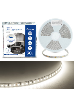 Светодиодная LED лента Feron LS502, 180SMD(2835)/м 16Вт/м 24V 30000*10*1.22мм 4000К 30м IP20