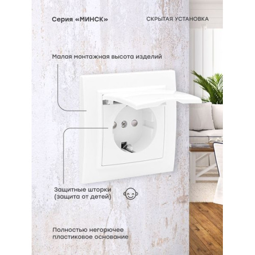 Минск Розетка 1-местная СП с/з с крышкой 16А белая с защ. штор. EKF Минск Розетка 1-местная СП с/з с крышкой 16А белая с защ. штор. EKF