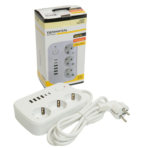 Удлинитель 3-местный c/з 3x1 мм2, 1,8 м, 250В, 10А, 4USB+2Type-C 2,4А, серия Home plus, белый STEKKER HM09-36-02