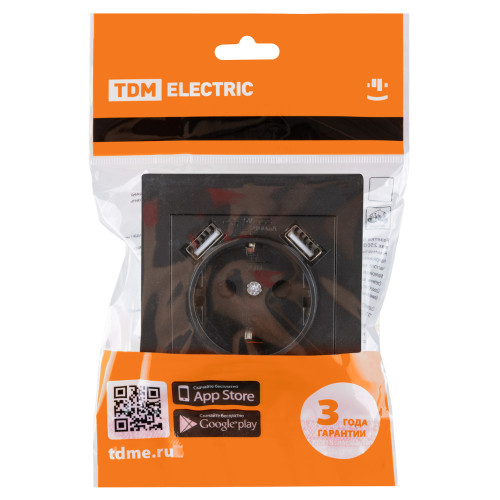 Розетка 2П+З 16А 250В + 2 USB порта 2,1А 5В черная Розетка 2П+З 16А 250В + 2 USB порта 2,1А 5В черная