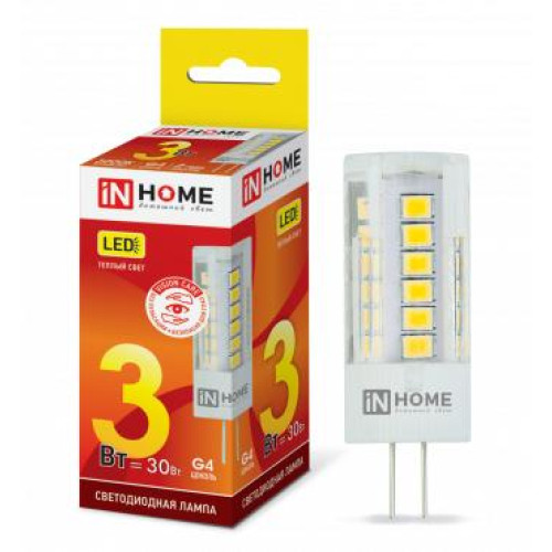 Лампа светодиодная LED-JC-VC 3Вт капсульная прозрачная 3000К тепл. бел. G4 260лм 12В IN HOME 4690612019789