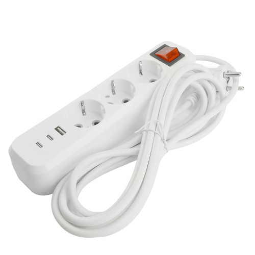 Удлинитель 3-местный с/з с выключ. STEKKER HM071-31-03 3x1мм2, 3м, 250В, 16А, 1USB+2C, 2.4A, сер Home, белый