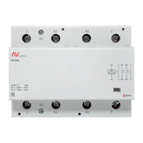 Контактор модульный КМ 80А 2NO+2NC 230В АС (6 мод.) AVERES EKF Контактор модульный КМ 80А 2NO+2NC 230В АС (6 мод.) AVERES EKF
