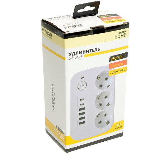 Удлинитель 3-местный c/з 3x1 мм2, 3 м, 250В, 10А, 4USB+2Type-C 2,4А, серия Home plus, белый STEKKER HM09-36-02 Удлинитель 3-местный c/з 3x1 мм2, 3 м, 250В, 10А, 4USB+2Type-C 2,4А, серия Home plus, белый STEKKER HM09-36-02