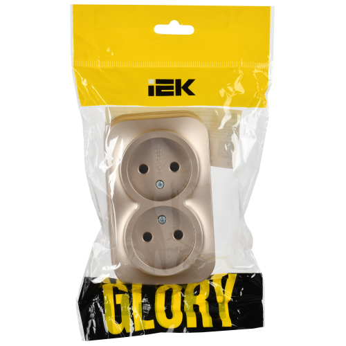 GLORY Розетка 2-местная для открытой установки без заземления без защитных шторок 10А РС22-2-ХШм шампань матовый IEK