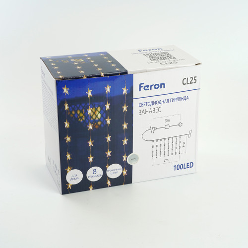 Светодиодная гирлянда Feron CL25 занавес Звездочки 2*1м + 3м 5000K с контроллером, c питанием от сети 230V, прозрачный шнур Светодиодная гирлянда Feron CL25 занавес Звездочки 2*1м + 3м 5000K с контроллером, c питанием от сети 230V, прозрачный шнур