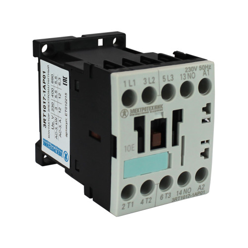 3RT1017-1AP01, 3-пол., 12A, AC-3, 5,5кВт/400V, 1НО, 230V AC, 50/60Гц, типоразмер S00, винтовые клеммы, IP20, контактор электромагнитный  (ЭТ)