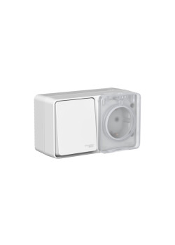 ATLASDESIGN PROFI IP54 О/У БЛОК: РОЗЕТКА с заземл. со шт., 16А, ВЫКЛЮЧАТЕЛЬ 1-клав., 10АХ, СЕРЫЙ