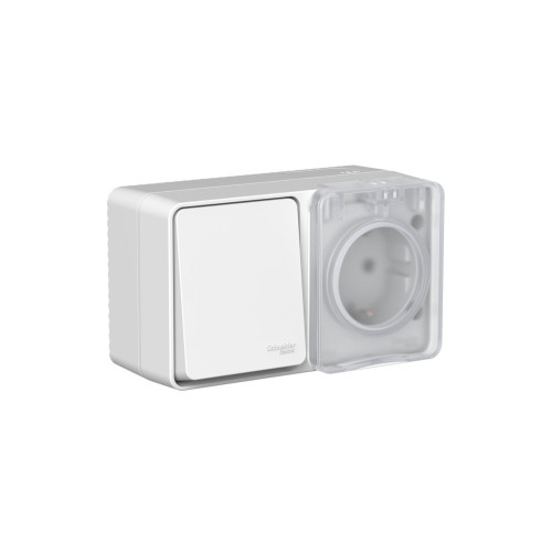 ATLASDESIGN PROFI IP54 О/У БЛОК: РОЗЕТКА с заземл. со шт., 16А, ВЫКЛЮЧАТЕЛЬ 1-клав., 10АХ, СЕРЫЙ