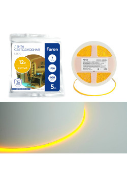 Светодиодная COB лента Feron LS630, 400SMD(2110)/ 7Вт/м 12V 5000*3*1.8мм желтый, IP20