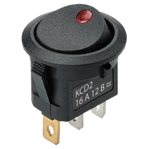 Выключатель клавишный круглый KCD2-101N-2 12В AC/DC, 1P, 16А, (3с), ON-OFF, черный с красной точечной LED подсветкой TDM Выключатель клавишный круглый KCD2-101N-2 12В AC/DC, 1P, 16А, (3с), ON-OFF, черный с красной точечной LED подсветкой TDM
