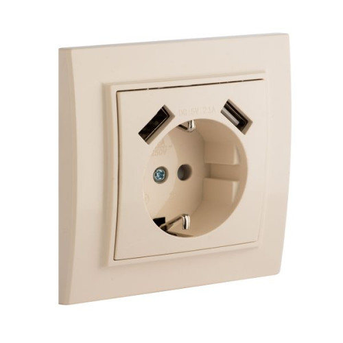 Минск Розетка 1-мест. СП с/з 16А беж. с защ. штор. с 2 USB 2,1А EKF