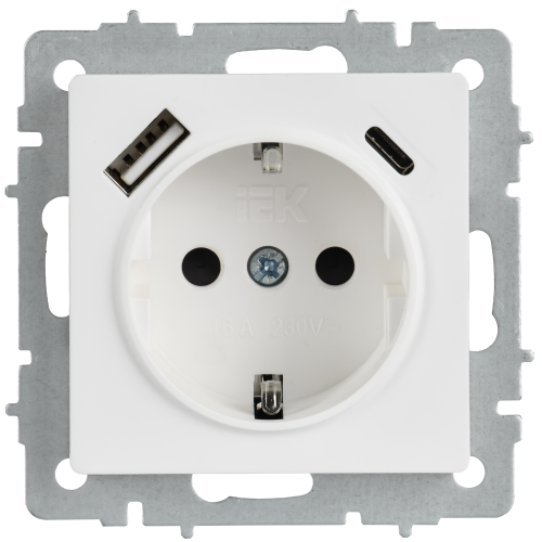 BRITE Розетка 1-местная с заземлением с защитными шторками 16А с USB A+C 18Вт РЮш11-1-БрАБ арктический белый IEK
