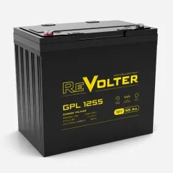Батарея REVOLTER серия GPL, REVOLTER GPL 1255, напряжение 12В, емкость 55.6Ач (разряд 10 часов),  макс. ток разряда (5 сек.) 550А, макс. ток заряда 16.5А, свинцово-кислотная типа AGM, клеммы под болт М6, ДxШxВ 230х140х207мм., вес 17кг., срок службы 10 лет