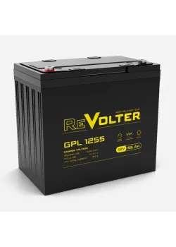 Батарея REVOLTER серия GPL, REVOLTER GPL 1255, напряжение 12В, емкость 55.6Ач (разряд 10 часов),  макс. ток разряда (5 сек.) 550А, макс. ток заряда 16.5А, свинцово-кислотная типа AGM, клеммы под болт М6, ДxШxВ 230х140х207мм., вес 17кг., срок службы 10 лет