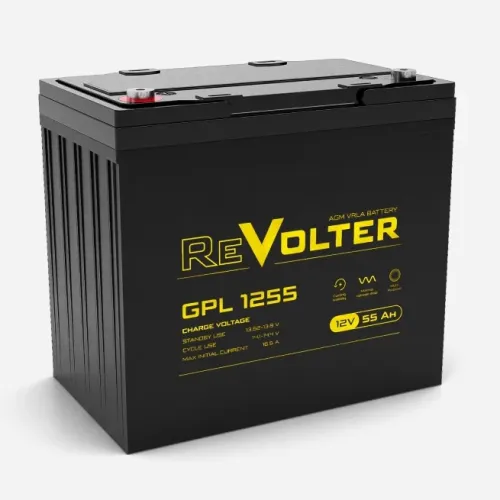 Батарея REVOLTER серия GPL, REVOLTER GPL 1255, напряжение 12В, емкость 55.6Ач (разряд 10 часов),  макс. ток разряда (5 сек.) 550А, макс. ток заряда 16.5А, свинцово-кислотная типа AGM, клеммы под болт М6, ДxШxВ 230х140х207мм., вес 17кг., срок службы 10 лет