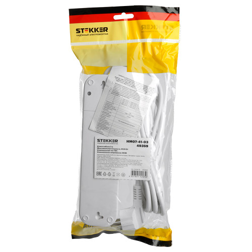 Удлинитель четырехместный с/з  с выключ. STEKKER HM07-41-03 3x1мм2, 3м, серия Home, белый