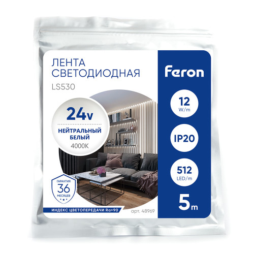 Светодиодная COB лента Feron LS530, 512SMD(2110) 12Вт/м 24V 5000*10*1.8мм 4000К IP20 Светодиодная COB лента Feron LS530, 512SMD(2110) 12Вт/м 24V 5000*10*1.8мм 4000К IP20