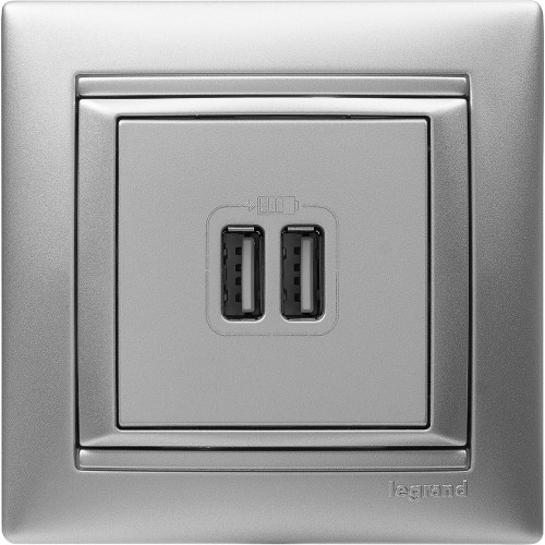 VALENA Розетка USB A + A 15Вт алюминий VALENA Розетка USB A + A 15Вт алюминий
