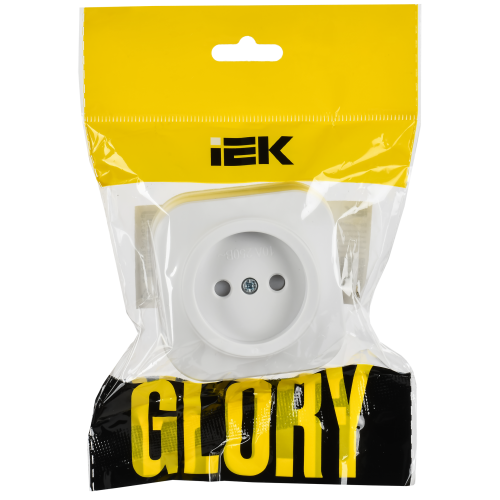 GLORY Розетка 1-местная для открытой установки без заземления с защитными шторками 10А РСш20-2-ХБм белый матовый IEK