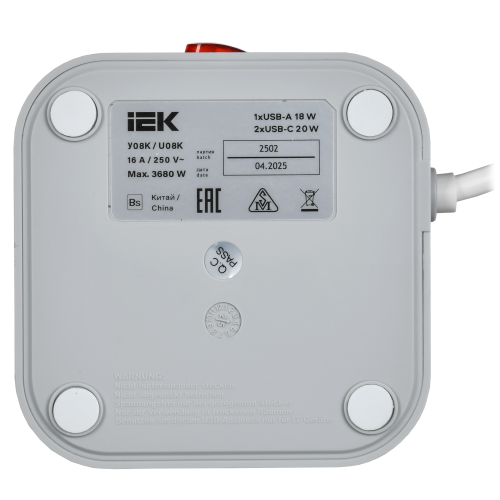 Удлинитель У08K 8 мест 2P+PE 1,5м 3х1,0мм2 16А/250В USB A+C 20Вт серый DOMINIC IEK Удлинитель У08K 8 мест 2P+PE 1,5м 3х1,0мм2 16А/250В USB A+C 20Вт серый DOMINIC IEK