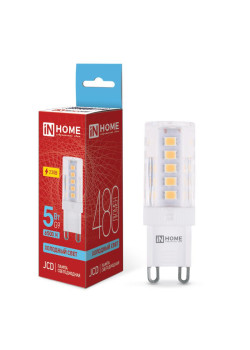 Лампа светодиодная LED-JCD 5Вт капсульная прозрачная 6500К холод. бел. G9 480лм 230В IN HOME 4690612036342