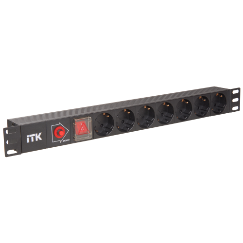 ITK PDU 7 розеток нем. стандарт, с LED выключателем и защитой от перенапряжения, без шнура, вх. C14, алюминиевый профиль