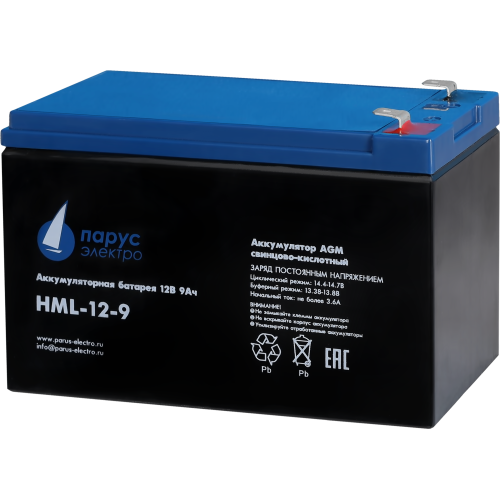 Battery Parus Electro, professional series HML-12-9, voltage 12V, capacity 9Ah (discharge 20 hours), max. discharge current (5sec) 135A, max. charge current 3.6A, lead-acid type AGM, terminals F2, LxWxH 151x65x94mm., total height with terminals 101mm., we Battery Parus Electro, professional series HML-12-9, voltage 12V, capacity 9Ah (discharge 20 hours), max. discharge current (5sec) 135A, max. charge current 3.6A, lead-acid type AGM, terminals F2, LxWxH 151x65x94mm., total height with terminals 101mm., we