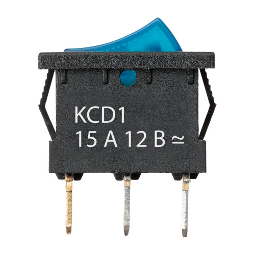 Выключатель клавишный KCD1-101N 12В AC/DC, 1P, 15А, (3с), ON-OFF, черный корпус, синяя клавиша с LED подсветкой, Mini TDM