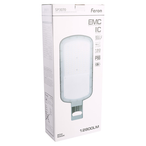 Светодиодный уличный консольный светильник Feron SP3070 80W 5000K AC90-300V, серый Светодиодный уличный консольный светильник Feron SP3070 80W 5000K AC90-300V, серый
