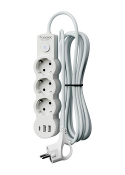 Удлинитель 3х3м с заземл. 10А IP20 USB 2800Вт 220В ПВС 3х1 с выкл. бел. КОСМОС YKsm3m3g-Z-VU10А-W