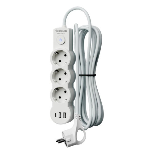 Удлинитель 3х5м с заземл. 10А IP20 USB 2800Вт 220В ПВС 3х1 с выкл. бел. КОСМОС YKsm5m3g-Z-VU10А-W Удлинитель 3х5м с заземл. 10А IP20 USB 2800Вт 220В ПВС 3х1 с выкл. бел. КОСМОС YKsm5m3g-Z-VU10А-W