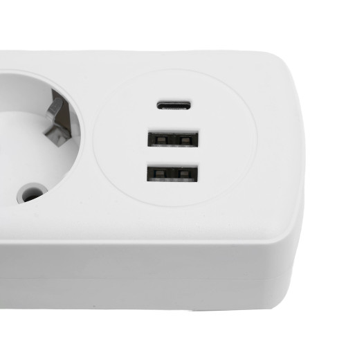 Удлинитель 4-местный c/з 3x1 мм2, 1,8 м, 250В, 10А, 2USB+1Type-C 2,4А, серия Home plus, белый STEKKER HM08-43-02