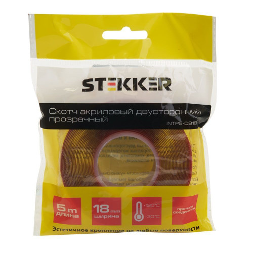Скотч акриловый двусторонний STEKKER INTP5-0818-5 0,8*18 мм,длина 5м, прозрачный , красная подложка Скотч акриловый двусторонний STEKKER INTP5-0818-5 0,8*18 мм,длина 5м, прозрачный , красная подложка
