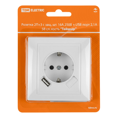 Розетка 2П+З с защ. шт. 16А 250В + USB порт 2,1А 5В белая 