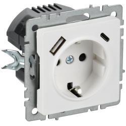 BRITE Розетка 1-местная с заземлением с защитными шторками 16А с USB A+C 18Вт РЮш11-1-БрАБ арктический белый IEK