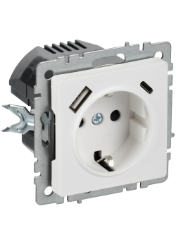 BRITE Розетка 1-местная с заземлением с защитными шторками 16А с USB A+C 18Вт РЮш11-1-БрАБ арктический белый IEK