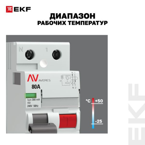 ВДТ DV 2P 80А 300мА тип AC эл-мех 10kA AVERES EKF ВДТ DV 2P 80А 300мА тип AC эл-мех 10kA AVERES EKF