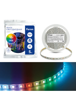 Светодиодная LED лента Feron LS607, 60SMD(5050)/m 14.4W/m 12V IP65 5m RGB