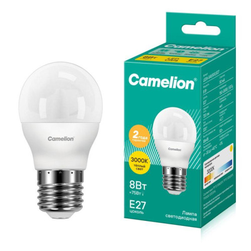 Лампа светодиодная LED8-G45/830/E27 8Вт шар 3000К тепл. бел. E27 720лм 170-265В Camelion 12392 Лампа светодиодная LED8-G45/830/E27 8Вт шар 3000К тепл. бел. E27 720лм 170-265В Camelion 12392