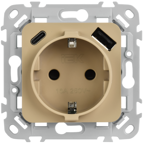 FLITE Розетка 1-местная с заземлением с защитными шторками 16А с USB A+C 20Вт безвинтовое крепление РСЮшс11-1-ФлХ хаки IEK