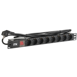 ITK PDU 8 розеток DIN49440 (нем. станд.) с LED выключателем, 1U, шнур 2м вилка DIN49441 (нем. станд.), профиль из ПВХ, черный