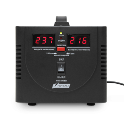Стабилизатор POWERMAN AVS 500D, черный, ступенчатый регулятор, цифровые индикаторы уровней напряжения, 500ВА, 140-260В, максимальный входной ток 5А, 2 евророзетки, IP-20, напольный,  200мм х 150мм х 140мм, 2,3 кг./ Stabilizer POWERMAN AVS 500D, black, ste